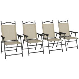 Outsunny Folding Patio Chairs, Set of 4 Sports Chairs for Adults, Camping Chairs with Armrests, Breathable Mesh Fabric Seat for Lawn, Beige